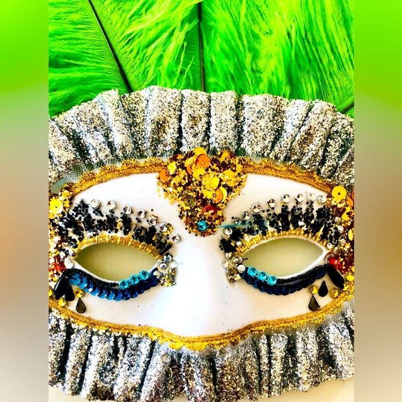 Beaded eye mask grn ostrich feathers Carnevale Masquerade Mardi Gras Halloween - Picture 13 of 16